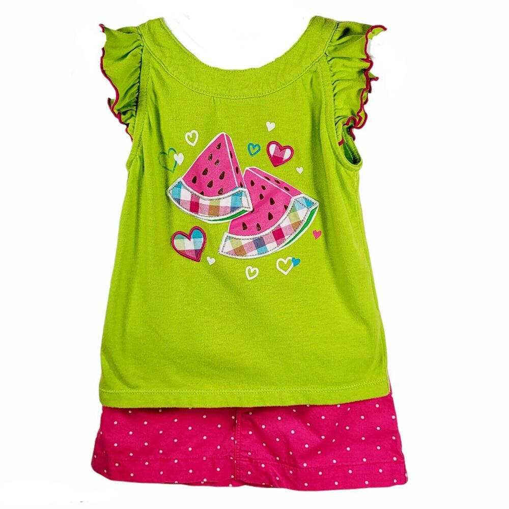 Watermelon Outfit Toddler Sz 3T Bright Green Top Pink Polka Dot Skirt Adj Waist